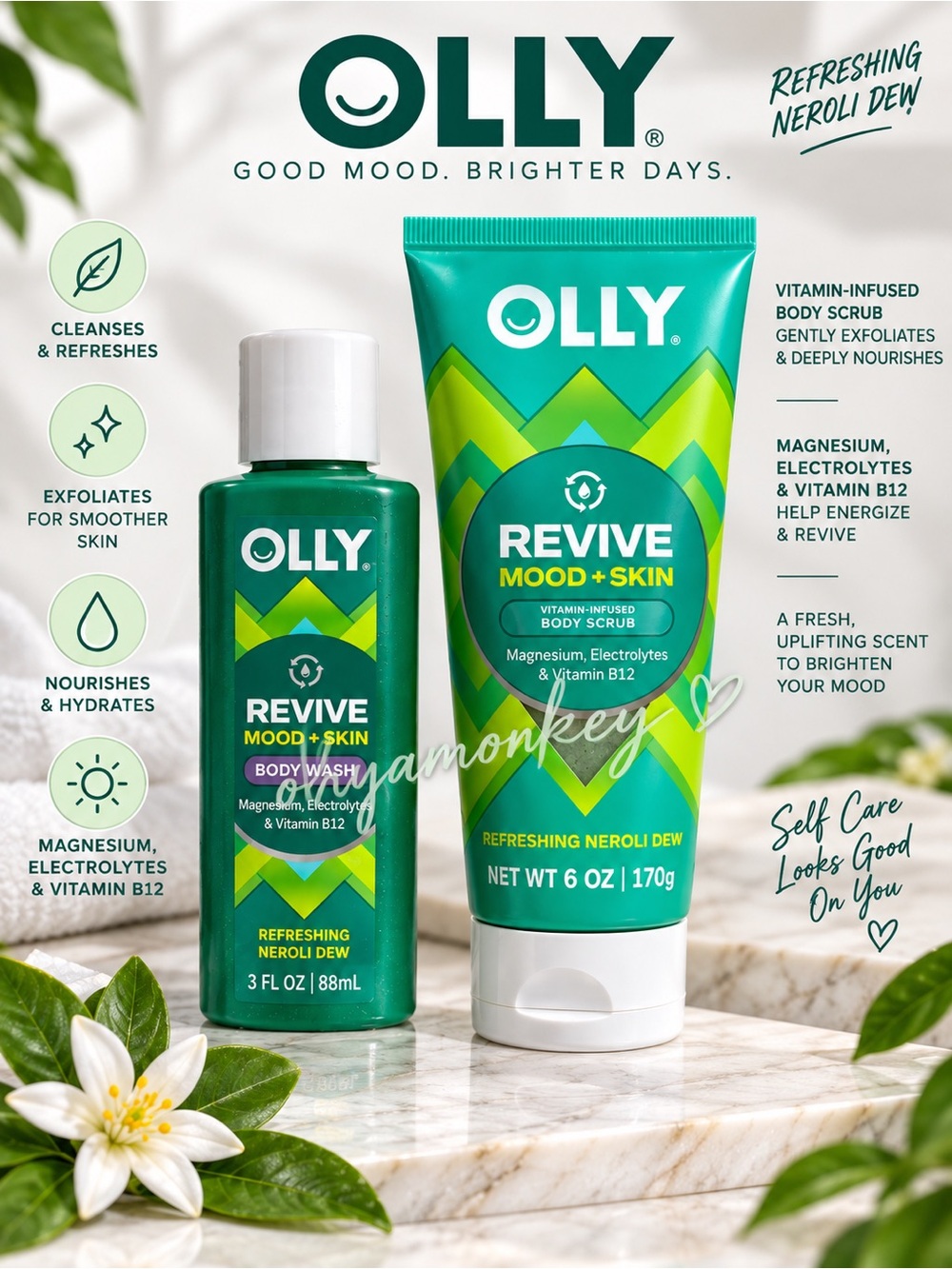 OLLY Revive Mood + Skin Refreshing Neroli Dew Body Wash & Scrub Bundle
